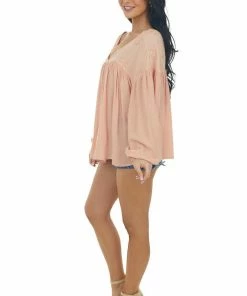 Ces Femme Peach V Neck Top With Floral Embroidery And Swiss Dots