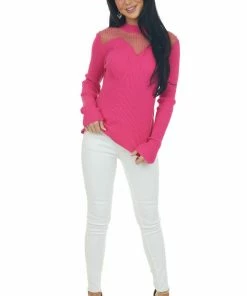 143 Story Tops Magenta Long Sleeve Mesh Yoke Ribbed Knit Top