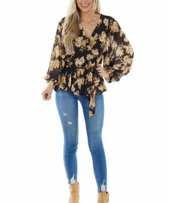 Flying Tomato Tops Black Floral Surplice Top With Bubble Sleeves 12 Flying Tomato Tops Black Floral Surplice Top With Bubble Sleeves