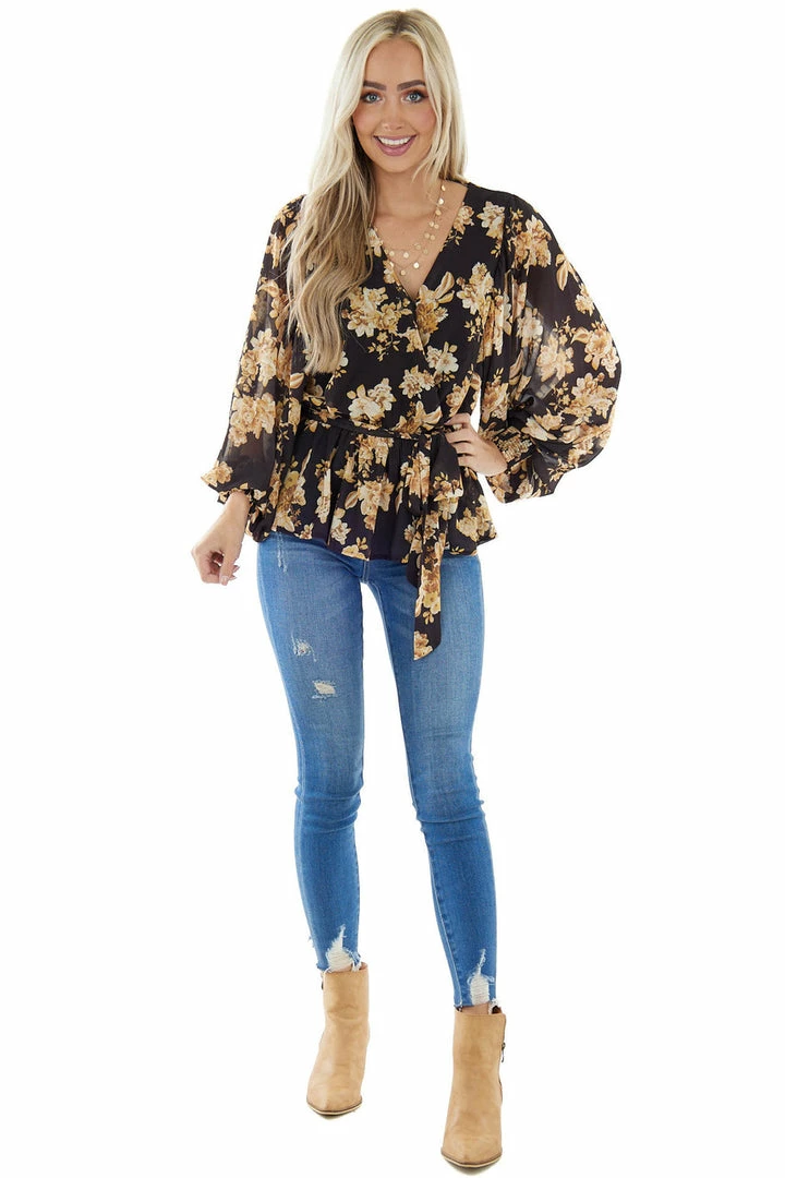 Flying Tomato Tops Black Floral Surplice Top With Bubble Sleeves 5 Flying Tomato Tops Black Floral Surplice Top With Bubble Sleeves