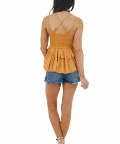ZENANA Amber Lace Peplum Ruffled Tank With Criss Cross Straps Tops