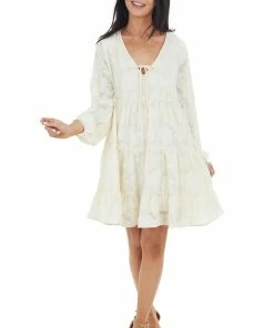 Peach Love Cream Textured Print Tiered Babydoll Dress With Long Sleeves Dresses