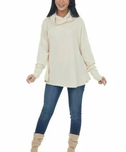 143 Story Tops Cream Wide Fit Cowl Neck Brushed Knit Top