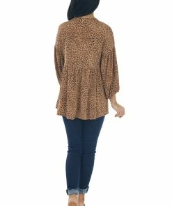 IWT Brands Copper Leopard Print V Neck Babydoll Knit Top Tops