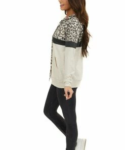 7th Ray Tops Tan Leopard Colorblock Hooded Sweatshirt With Front Pocket