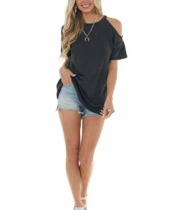 HEIMISH Charcoal Short Sleeve Cold Shoulder Stretchy Knit Top Tops