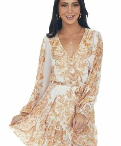 Flying Tomato Dresses Ivory Floral Print Long Sleeve Blouson Dress