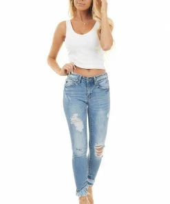 KanCan Medium Wash Distressed Mid Rise Skinny Jeans With Frayed Hem Bottoms 18 KanCan Medium Wash Distressed Mid Rise Skinny Jeans With Frayed Hem Bottoms