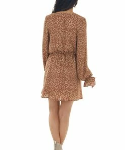 Peach Love Cognac And Camel Leopard Surplice Short Dress Dresses