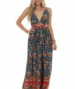 Dress Day Navy And Red Floral Print Backless Maxi Dress Dresses