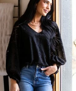 Vine & Love Tops Black Floral Lace Long Bubble Sleeve Blouse