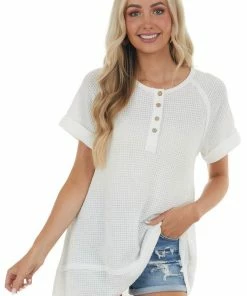 Jodifl Pearl Short Sleeve Henley Waffle Knit Top