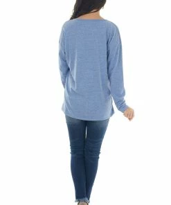 BiBi Tops Heathered Blue Notch Neck Chest Pocket Top 30 BiBi Tops Heathered Blue Notch Neck Chest Pocket Top