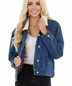 12PM Outerwear Denim Jacket With Red Buffalo Plaid Lining And Sherpa Collar 29 12PM Outerwear Denim Jacket With Red Buffalo Plaid Lining And Sherpa Collar