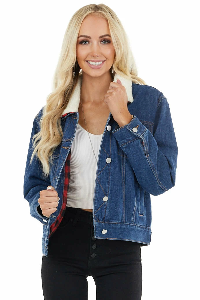 12PM Outerwear Denim Jacket With Red Buffalo Plaid Lining And Sherpa Collar 12 12PM Outerwear Denim Jacket With Red Buffalo Plaid Lining And Sherpa Collar