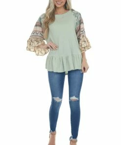Davi & Dani Sage Multiprint Ruffled Hem Waffle Knit Top