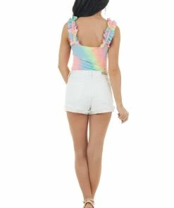 Entro Tops Multicolor Tie Dye Sleeveless Bodysuit With Ruffled Straps