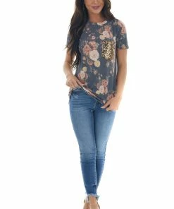Lovely Melody Stormy Blue Floral Top With Gold Sequin Pocket