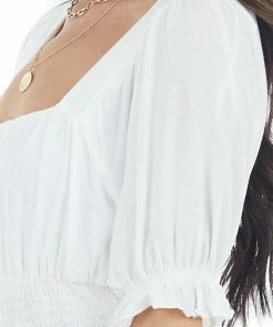 Very J Ivory Babydoll Short Sleeve Crop Top With Smocked Detail Tops