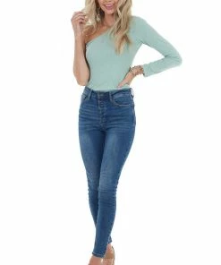 Entro Sage Fitted One Shoulder Stretchy Ribbed Knit Top