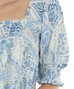 Davi & Dani Ivory And Powder Printed Square Neck Blouse Tops 15 Davi & Dani Ivory And Powder Printed Square Neck Blouse Tops