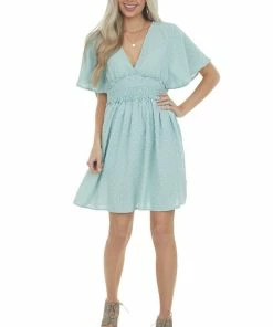 Umgee Arctic Blue Swiss Dot Smocked Waist Mini Dress