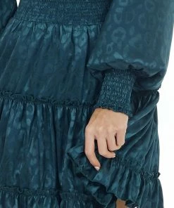 She + Sky Dark Teal Leopard Print Satin Smocked Short Dress Dresses