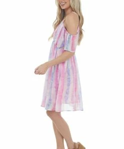 Davi & Dani Dresses Thulian Pink Tie Dye Cold Shoulder Mini Dress