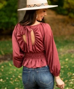 She + Sky Marsala Open Back Smocked Peplum Silky Blouse