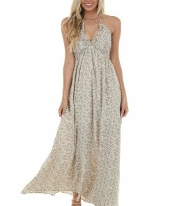 Entro Vanilla Ditsy Floral Halter Tie Maxi Dress Dresses