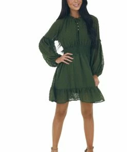 Peach Love Dresses Deep Olive Swiss Dot Smocked Waist Mini Dress