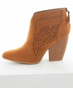 East Lion Corp. Caramel Suede Laser Cut Out Wood Heel Booties 26 East Lion Corp. Caramel Suede Laser Cut Out Wood Heel Booties