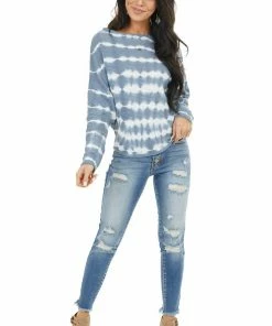 She + Sky Slate Blue Tie Dye Waffle Knit Top With Dolman Sleeves Tops 28 She + Sky Slate Blue Tie Dye Waffle Knit Top With Dolman Sleeves Tops