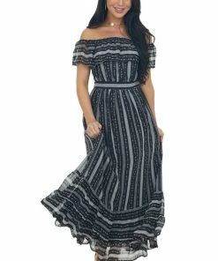 IN LOOM Dresses Black Multi Print Off Shoulder Maxi Dress With Ruffle Detail