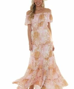 Peach Love Baby Pink Animal Print Off Shoulder Maxi Dress