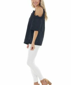Davi & Dani Black Eyelet Lace Cold Shoulder Halter Neckline Blouse