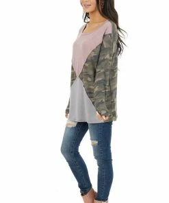 HOPELY Camo Colorblock Long Sleeve Knit Top With Raw Edge Detail Tops 25 HOPELY Camo Colorblock Long Sleeve Knit Top With Raw Edge Detail Tops