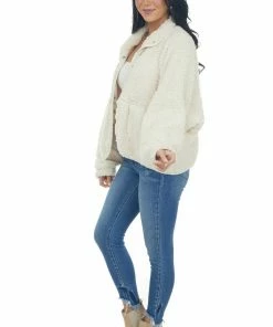 Peach Love Outerwear Ivory Button Down Long Sleeve Sherpa Jacket
