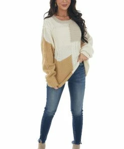 Blu Pepper Ivory Colorblock Loose Cozy Cable Knit Sweater Tops