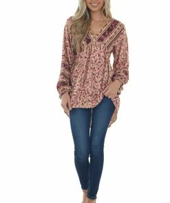 Umgee Tops Peach Floral Babydoll Bubble Sleeve Blouse