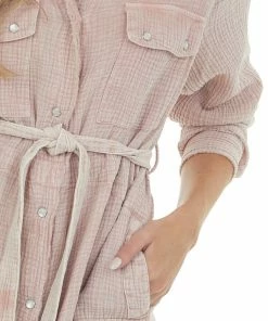 Peach Love Dusty Blush Washed Button Down Shirt Dress