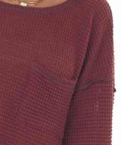BiBi Wine Loose Waffle Knit Chest Pocket Top