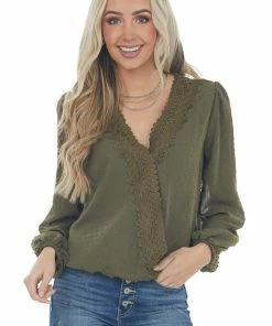 Miss Sparkling Tops Olive Swiss Dot Bubble Sleeve Woven Lace Top
