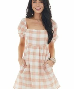 Lush Clothing Peach Plaid Square Neckline Babydoll Dress With Puff Sleeves