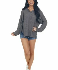 143 Story Tops Charcoal Snap Button Side Slit Waffle Knit Top