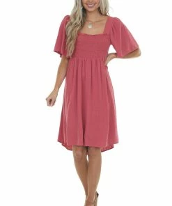 Umgee Dresses Punch Smocked Flutter Sleeve Linen Dress