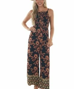 ANGIE Black Floral Smocked Bodice Wide Leg Jumpsuit