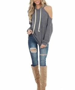 143 Story Heathered Charcoal Fleece Lined Hoodie With Cold Shoulder