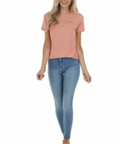 BOMBOM Salmon Ribbed Knit Short Sleeve Top With Chest Cutout Tops