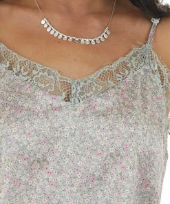 L Love Vintage Sage Ditsy Floral Sleeveless Satin Cami Tank Top Tops